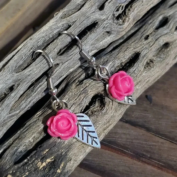 Handcrafted Antique Silver Leaf Deep Pink Lucite Rose Dangle Earrings - Picture 2 of 8